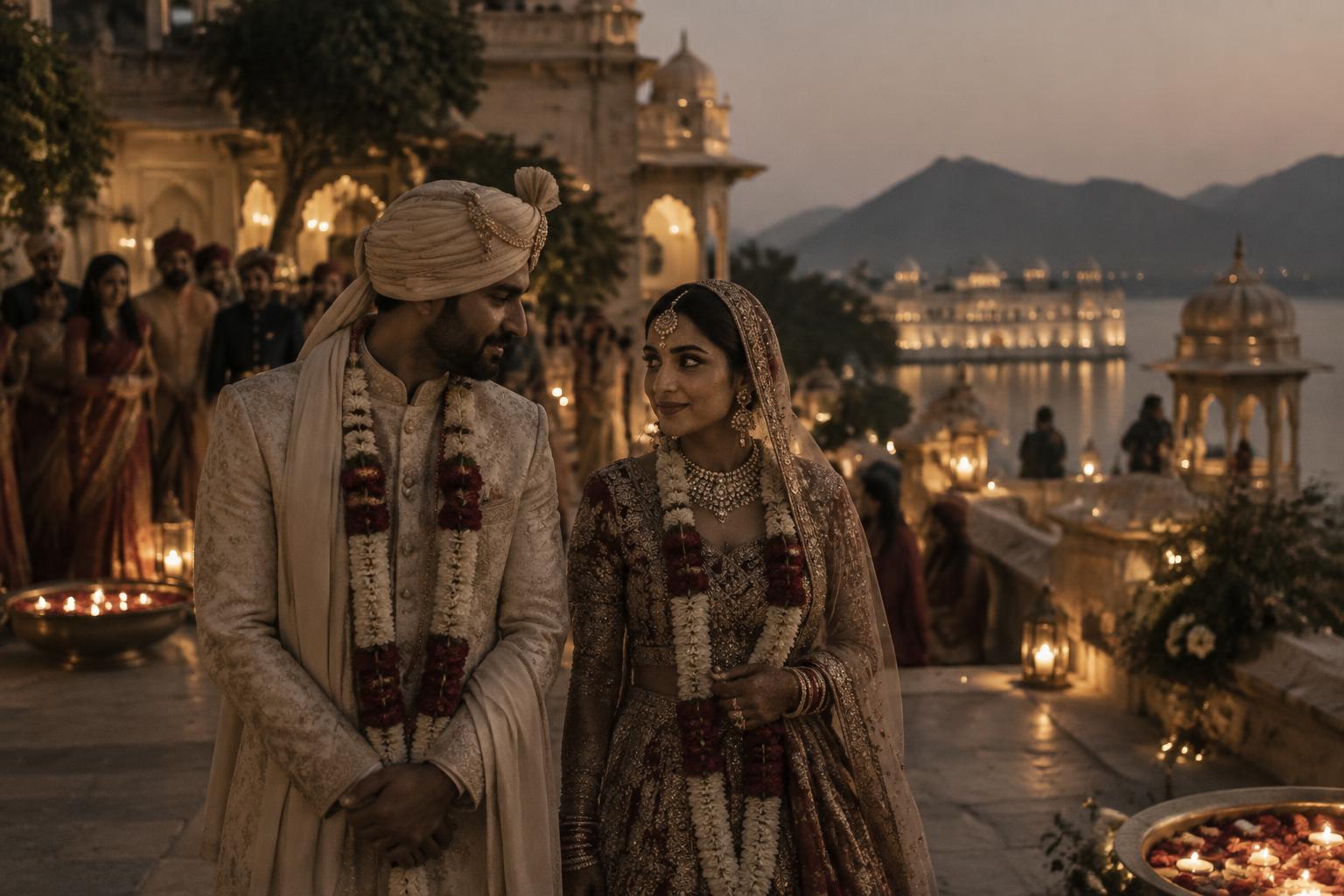 Newlywed couple sharing a private glance